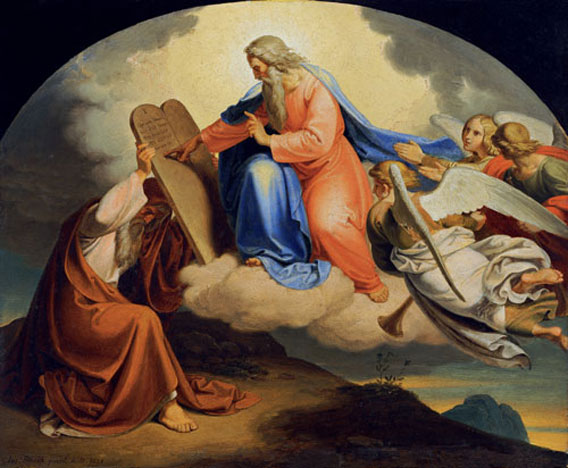 Gott schreibt Moses auf dem Berg Sinai die zehn Gebote auf zwei steinerne Tafeln